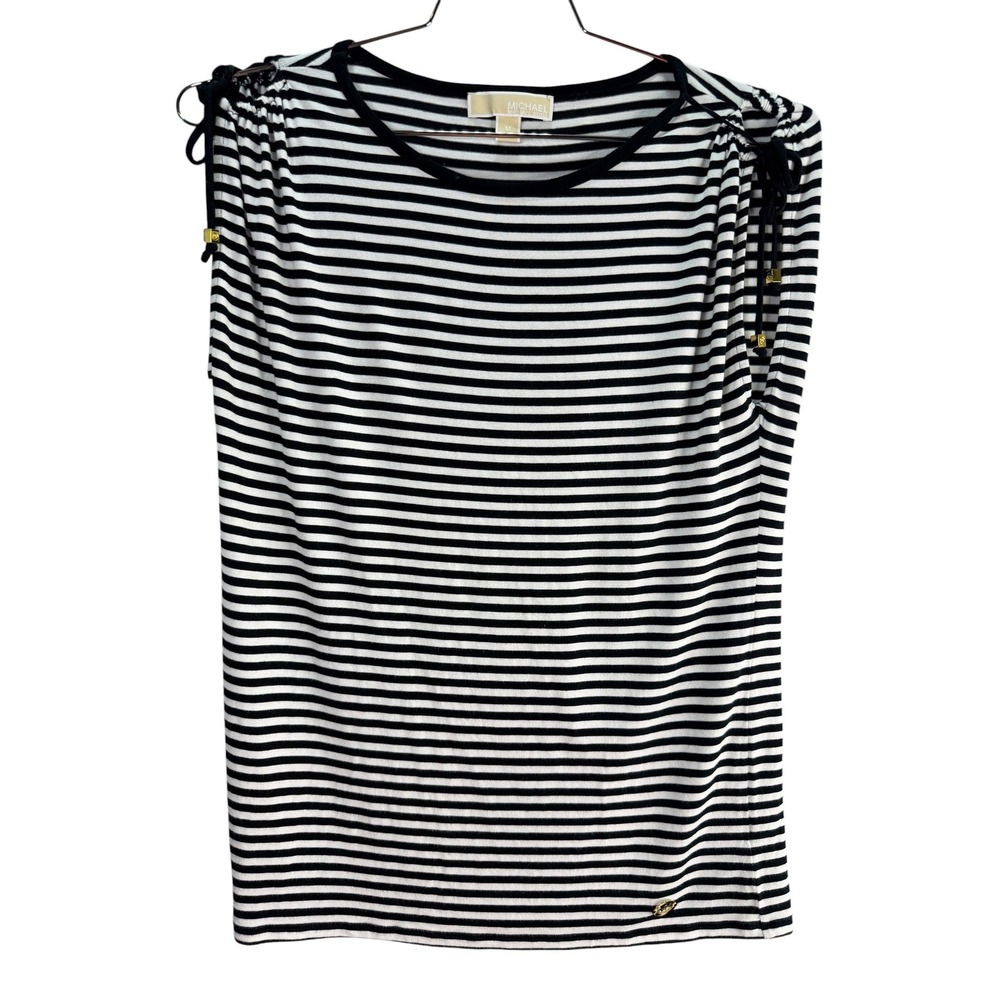 Michael Kors Striped Top Medium Black White Nautical Drawstring Shoulder Coastal